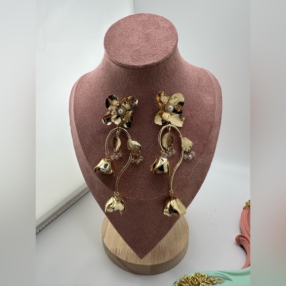 Gold Floral Drop Earrings - Picture 5 of 11